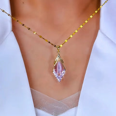14K Gold-Plated Zircon Diamond Purple Crystal Stone Water Drop Necklace - beautiful Purple Crystal Necklace