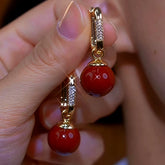 14K Gold-Plated Zircon Diamond Red Pearl Earrings - elegant Red Drop Earrings