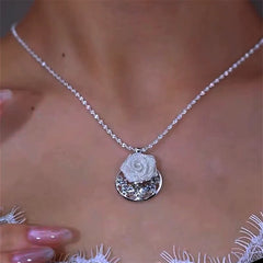 14K Gold-Plated Zircon Diamond Rose Pendant Necklace worn to showcase its length and pendant detail