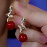 14K Gold-Plated Zircon Diamond Snake Pearl Earrings - elegant Snake Pearl Earrings
