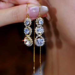 14K Gold-Plated Zircon Diamond Tassel Threader Earrings - elegant Tassel Threader Earrings