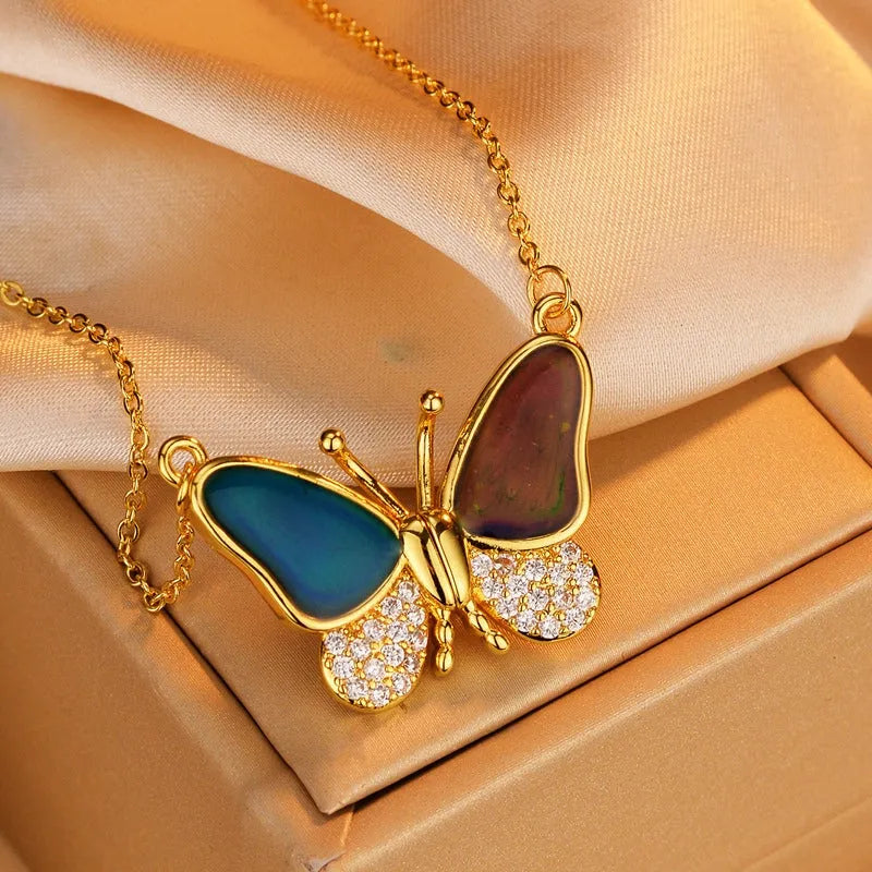 Detailed view of the 14K Gold-Plated Zircon Diamond Temperature-Changing Butterfly Magnetic Necklace chain and pendant