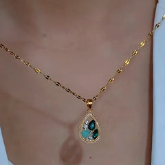 14K Gold-Plated Zircon Diamond Water Drop Pendant Necklace - beautiful Green Water Drop Necklace