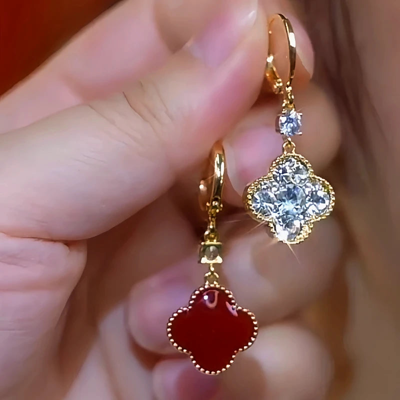 14K Gold-Plated Zircon Double-Sided Four-Leaf Clover Earrings - elegant Reversible Clover Earrings