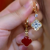 14K Gold-Plated Zircon Double-Sided Four-Leaf Clover Earrings - elegant Reversible Clover Earrings