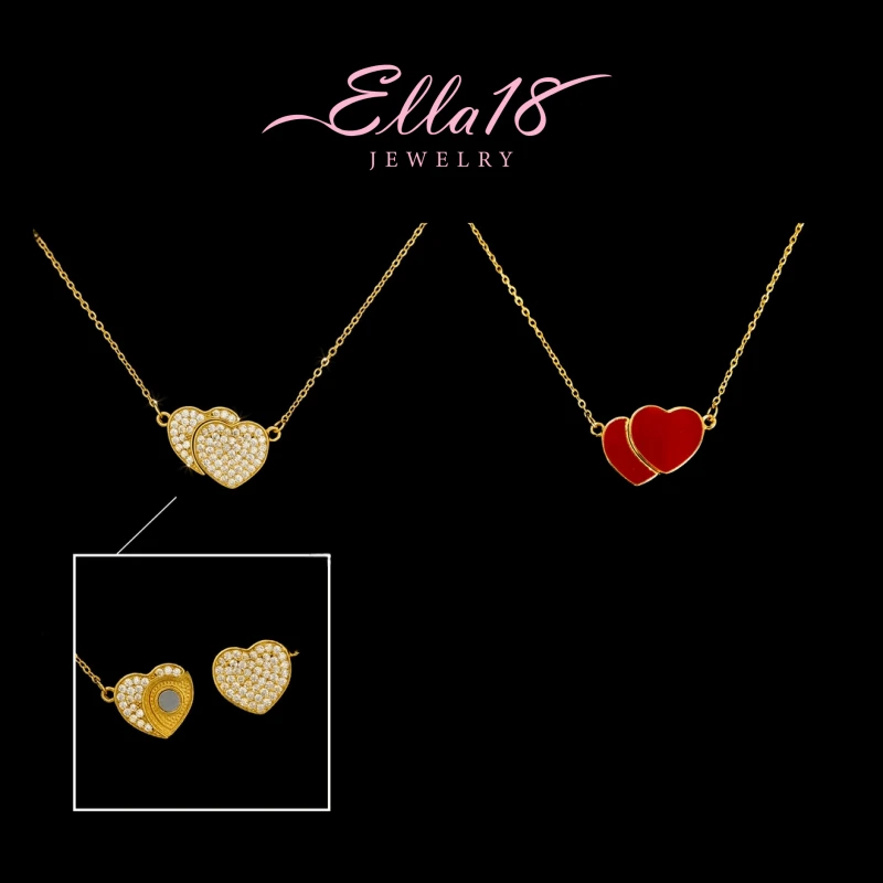 Detailed view of the 14K Gold-Plated Zircon Double-Sided Heart Magnetic Necklace chain and pendant