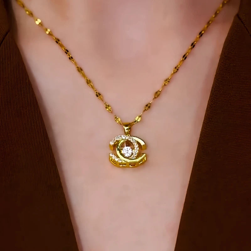 14K Gold-Plated Zircon Double C Necklace worn to showcase its length and pendant detail