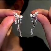 14K Gold-Plated Zircon Drop Pearl Tassel Earrings - elegant Pearl Tassel Earrings
