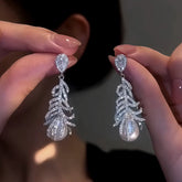 14K Gold-Plated Zircon Feather Pearl Earrings - elegant Feather Pearl Earrings