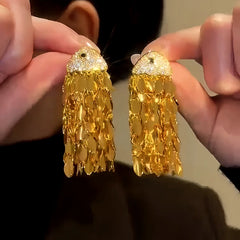 14K Gold-Plated  Zircon Fish Head Tassel Earrings - elegant gold tassel earrings