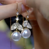 14K Gold-Plated Zircon Fishtail Pearl Threader Earrings - elegant Fishtail Threader Earrings