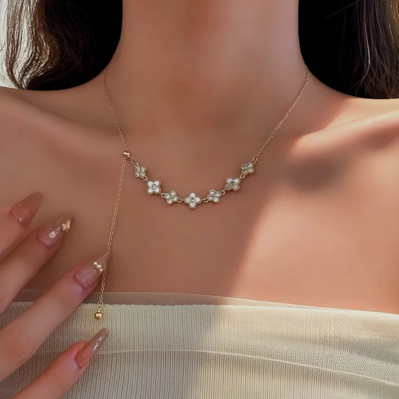 14K Gold-Plated Zircon Flour Leaf Adjustable Necklaces worn to showcase its length and pendant detail