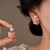 14K Gold-Plated Zircon Flower Bead Jacket Earrings - elegant Pink Flower Ear Jackets