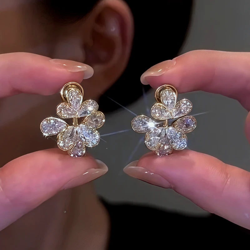 14K Gold-Plated Zircon Flower Earrings - elegant Hollow Flower Earrings