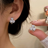 14K Gold-Plated Zircon Flower Hoop Earrings - elegant Silver Floral Hoops