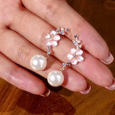 14K Gold-Plated Zircon Flower Pearl Earrings - elegant Pink Camellia Pearl