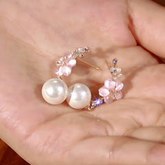 Angled view of the 14K Gold-Plated Zircon Flower Pearl Earrings