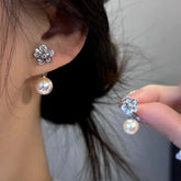 14K Gold-Plated Zircon Flower Pearl Jacket Earrings - elegant Pearl Flower Ear Jackets