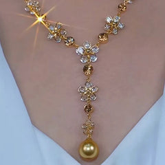 14K Gold-Plated Zircon Flower Pearl Necklace - beautiful Flower Pearl Necklace