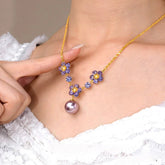14K Gold-Plated Zircon Flower Pearl Pendant Necklace - beautiful Purple Flower Pearl
