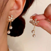 14K Gold-Plated Zircon Flower Pearl Tassel Earrings - elegant Floral Pearl Tassel