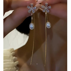 14K Gold-Plated Zircon Flower Pearl Tassel Earrings - elegant Dainty Flower Tassel