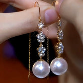 14K Gold-Plated Zircon Flower Pearl Threader Earrings - elegant Floral Pearl Threaders