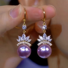 14K Gold-Plated Zircon Flower Purple Pearl Earrings - elegant Purple Flower Pearl
