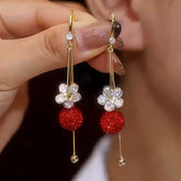 14K Gold-Plated Zircon Flower Red Crystal Ball Ear Hook Earrings - elegant Floral Crystal Ball