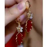 14K Gold-Plated Zircon Flower Red Leaf Earrings - elegant Red Leaf Flower