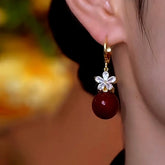 14K Gold-Plated Zircon Flower Red Pearl Earrings - elegant Red Pearl Flower