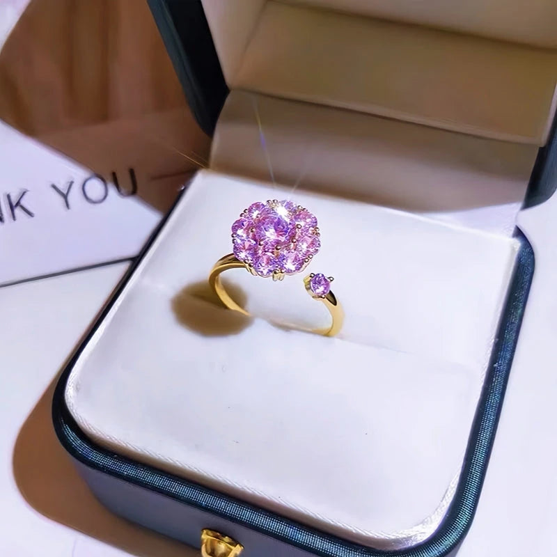 Top-down view of the sparkling 14K Gold-Plated Zircon Flower Rotatable Rings