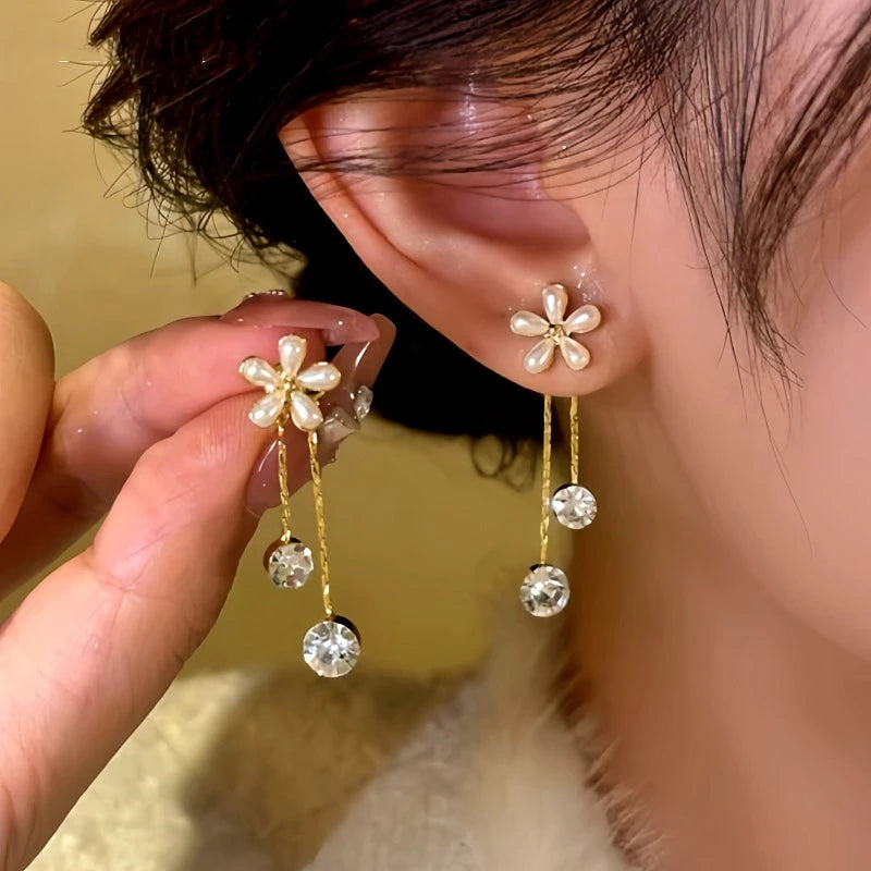 14K Gold-Plated Zircon Flower Tassel Earrings - elegant Golden Flower Tassel