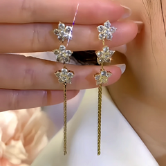 14K Gold-Plated Zircon Flower Tassel Earrings - elegant Camellia Tassel Earrings