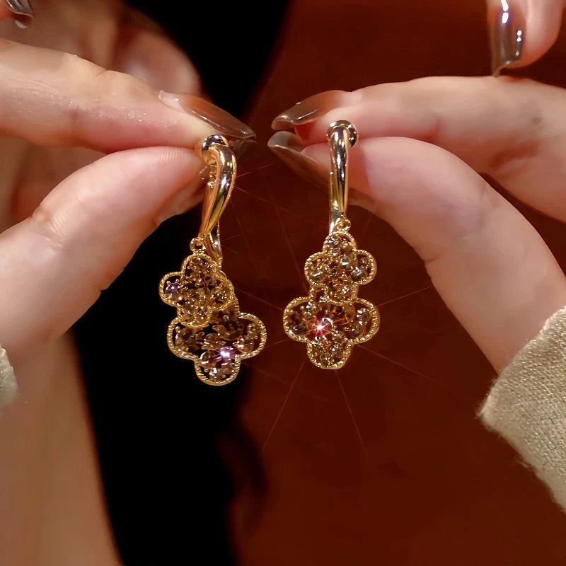 14K Gold-Plated Zircon Four-Leaf Flower Earrings - elegant Tortoiseshell Clover Studs