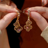 14K Gold-Plated Zircon Four-Leaf Flower Earrings - elegant Tortoiseshell Clover Studs