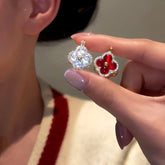 14K Gold-Plated Zircon Four-Leaf Flower Earrings - elegant Red Clover Drops