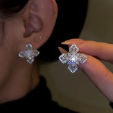 14K Gold-Plated Zircon Four-Leaf Flower Stud Earrings - elegant Silver Clover Studs