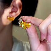 14K Gold-Plated Zircon Gingko Leaf Earrings - elegant Ginkgo Leaf Studs