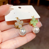 14K Gold-Plated Zircon Green Cat's Eye Stone Flower Pearl Earrings - elegant Cat's Eye Flower Pearl