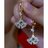14K Gold-Plated Zircon Green Diamond Ginkgo Leaf Earrings - elegant Diamond Ginkgo Leaf
