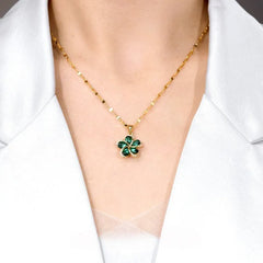 14K Gold-Plated Zircon Green Flower Pendant Necklace worn to showcase its length and pendant detail