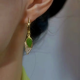 14K Gold-Plated Zircon Green Leaf Earrings - elegant Green Leaf Drops