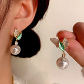 14K Gold-Plated Zircon Green Leaf Pearl Earrings - elegant Green Leaf Pearl