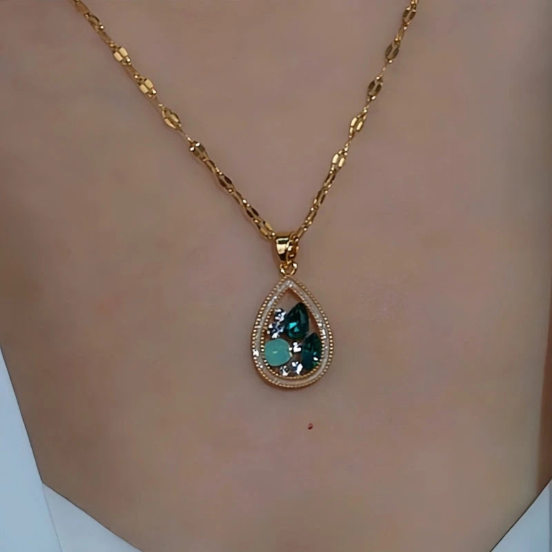 14K Gold-Plated Zircon Green Water Drop Necklace worn to showcase its length and pendant detail