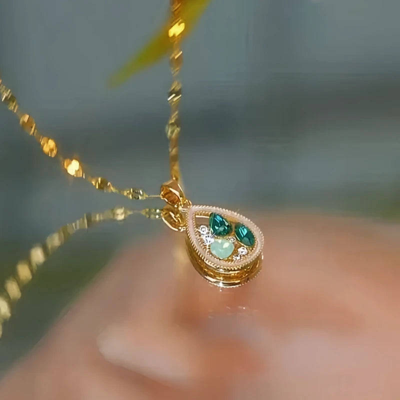 Close-up of the pendant and clasp on the Green Teardrop Necklace