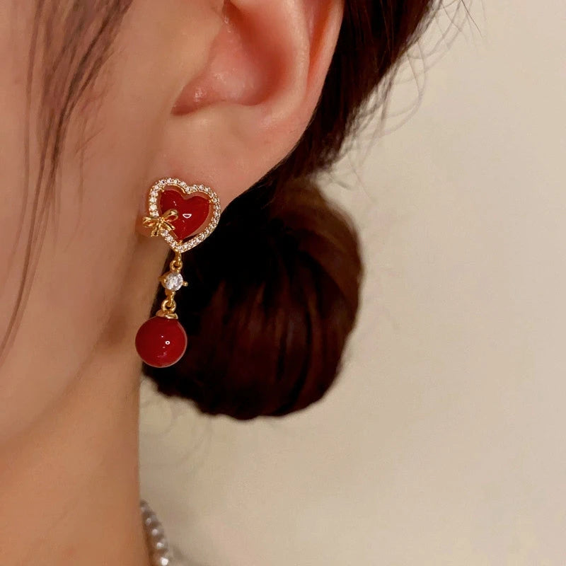 14K Gold-Plated Zircon Heart-Shaped Pearl Earrings - elegant Red Heart Pearl Studs