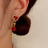 14K Gold-Plated Zircon Heart-Shaped Pearl Earrings - elegant Red Heart Pearl Studs