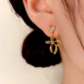 14K Gold-Plated Zircon Heart Bow Tassel Earrings - elegant Heart Bow Tassel