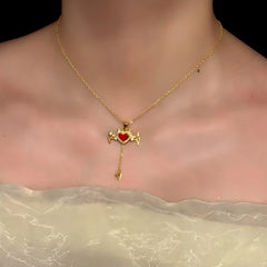 14K Gold-Plated Zircon Heart Devil Necklace worn to showcase its length and pendant detail